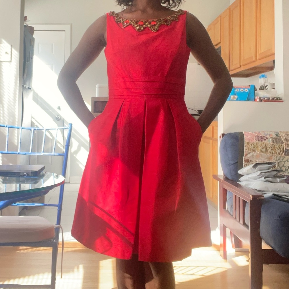 Kay Unger Red Embellished Midi Dress